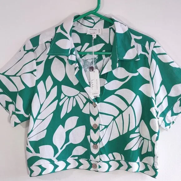 NWT Nicole Miller Linen Shirt Crop Jacket Tropical Button-Up Short Sleeve Size M - Picture 3 of 11
